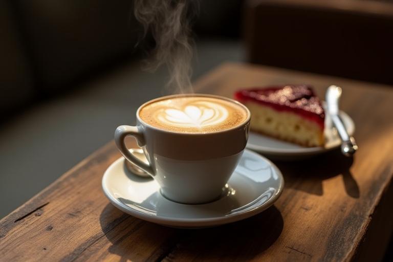 Cappuccino und ein Stück Kuchen auf einem Holztisch in der Lounge